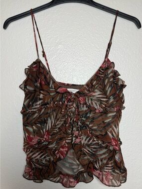 Floral Mesh Ruffle Tie Front Camisole Tank Top Brown Pink L by GOOD DAYS PROJECT